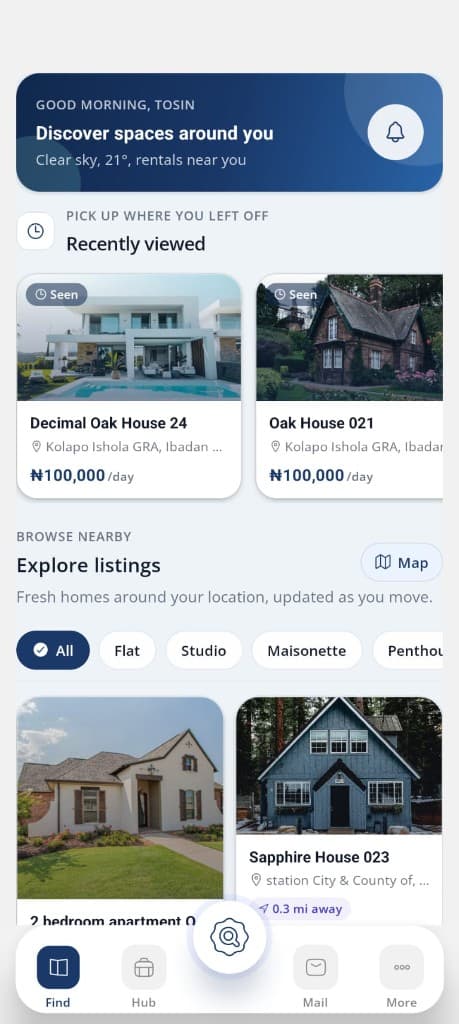 Discover spaces around you with recently viewed and explore listings